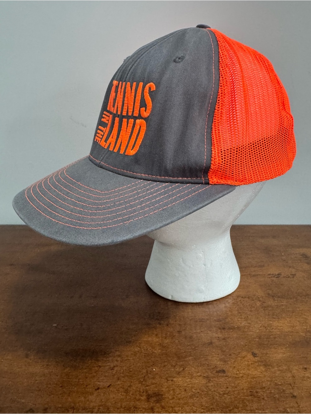 Richardson Gray & Neon Orange Trucker Hat with 'Tennis in the Land' Text O/S